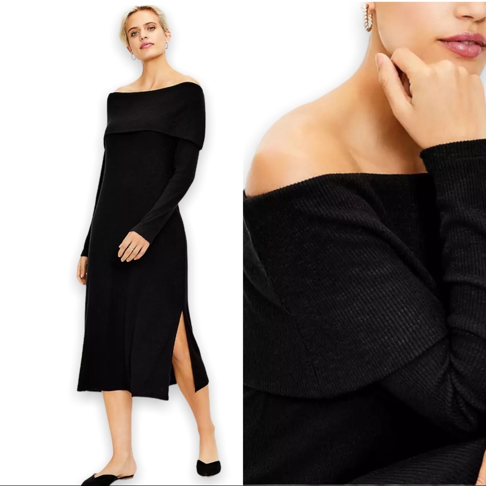 Loft Off The Shoulder Sweater Midi Dress in Black, NWT, Size Medium